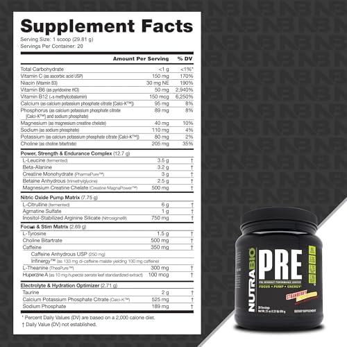 Nutrabio© PRE Pre-workout Powder (Strawberry Lemon Bomb)